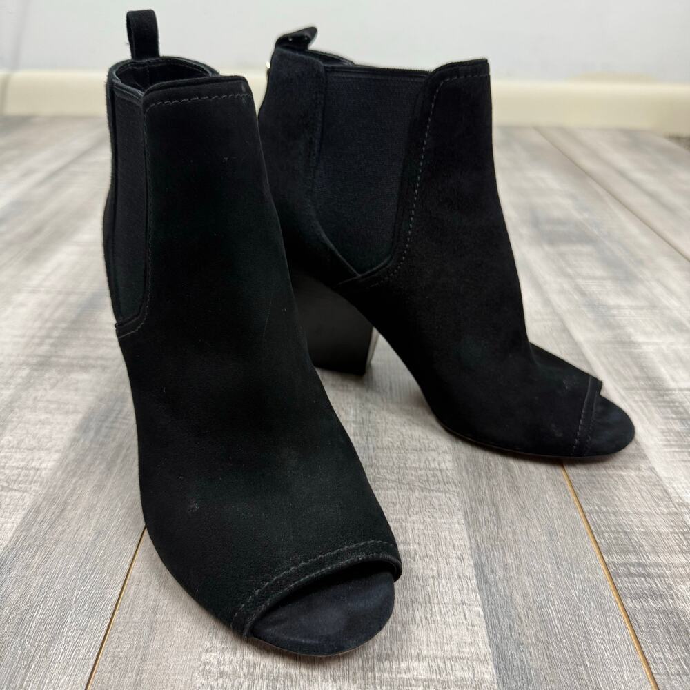 Tory Burch Gemma Boots Size 8M Black Open Toe Ankle Booties‎ Suede Stacked Heel